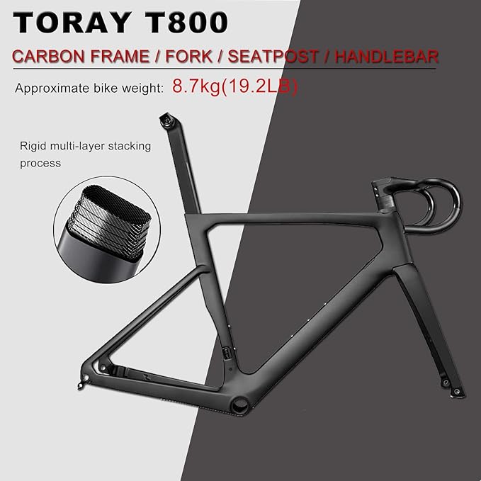 KABON Carbon Gravel Road Bike, T800 Carbon Fiber Frame 700C Road Bike with 18 Speeds Drivetrain, Integrated Carbon Handlebar, Disc Brakes Racing Bicycle for Adult Unisex
