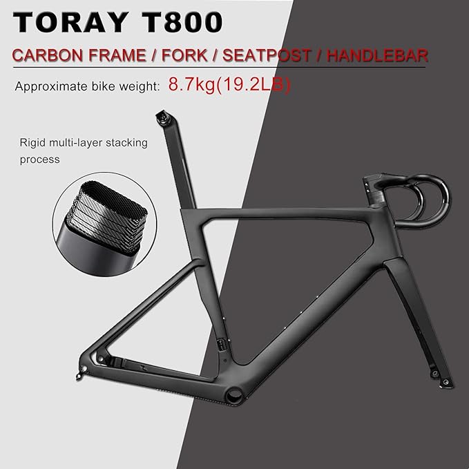 KABON Carbon Gravel Road Bike, T800 Carbon Fiber Frame 700C Road Bike with 18 Speeds Drivetrain, Integrated Carbon Handlebar, Disc Brakes Racing Bicycle for Adult Unisex