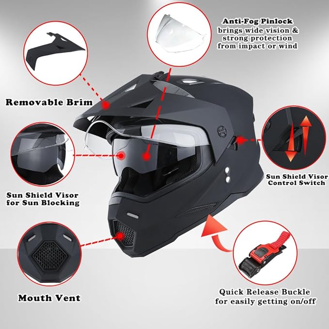 1Storm Youth Kids Dual Sport Dual Visor Motorcycle Motocross Off Road Full Face Helmet Matt Black