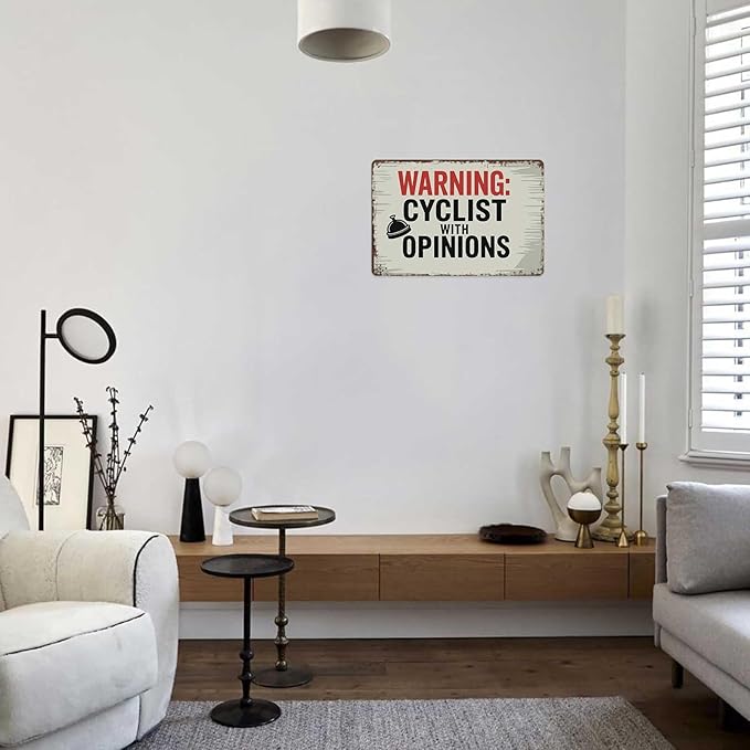 Funny Vintage Signs Posters Warning Cyclist With Opinions Left Bell Cycling Vintage Sign Wall Art for Bedroom Man Cave Garage Office Bar Decor 8X12inch