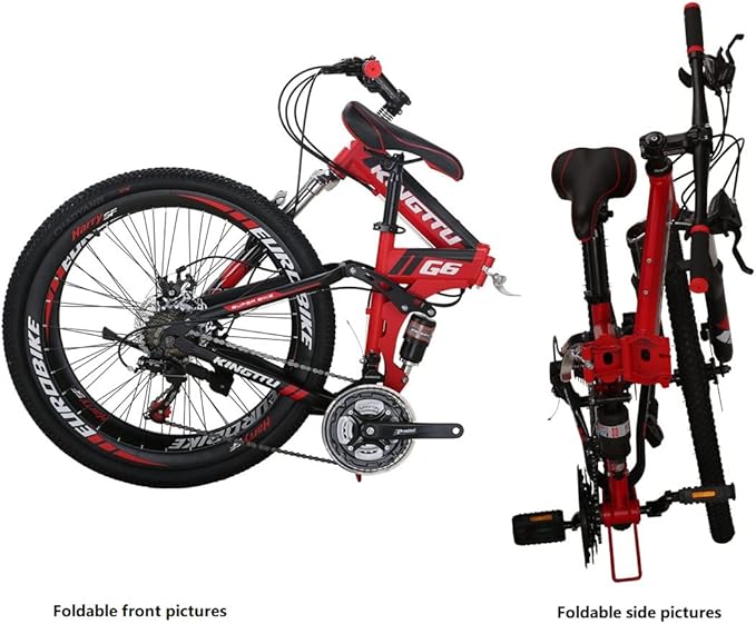 Eurobike Adult Folding Bike HY G6 Bicycle 26 Inches Muti Spoke Wheels 21 Speed Dual Suspension Folding Mountain Bike (Red)