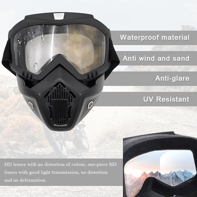 Motorcycle Helmet Goggles, Fog-Proof Goggle Face Protection Mask, Riding Racing Goggles for Men Women (Transparent)