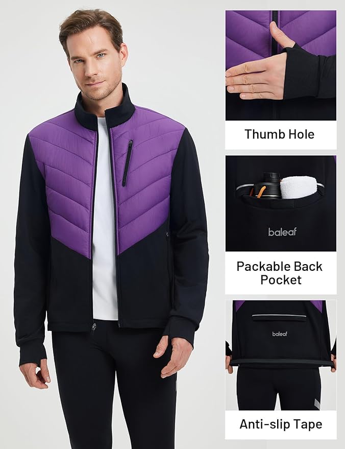 baleaf Men's Cycling Jacket Puffer Lightweight Coat Windproof Warm Winter 5 Pockets Packable Running Hiking