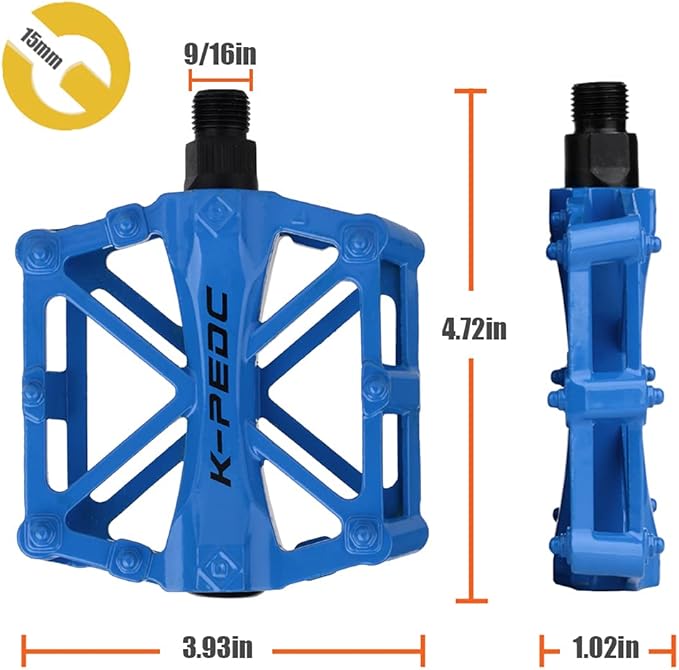 Aluminium CNC Bike Pedals 9/16", Lightweight Mountain Road Bike Pedal with 16 Anti-Skid Pins Bicycle Pedals for MTB BMX