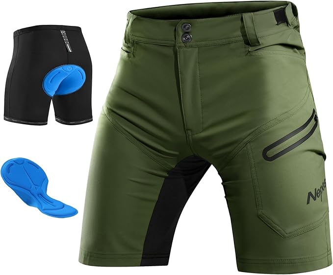 Nepest Mens Mountain Bike Shorts 3D Padded MTB Bicycle Riding Cycling Short Padding Liner Baggy Quick Dry,Zip Pockets