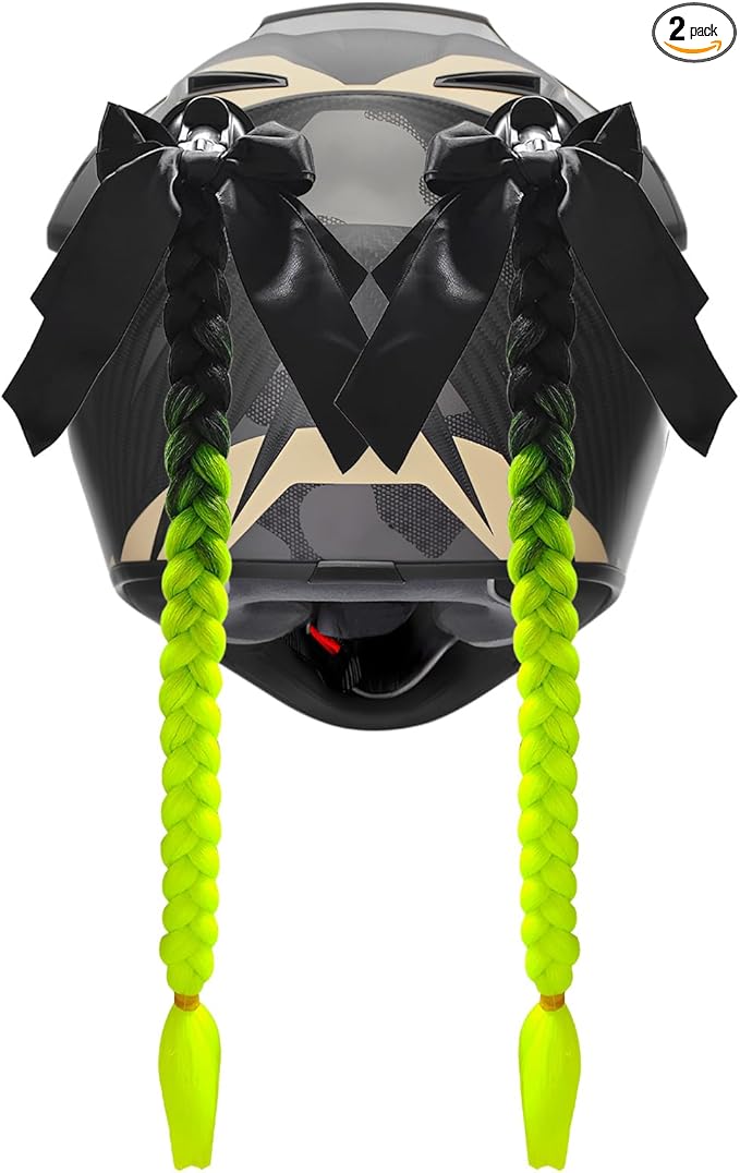 2PCS Helmet Pigtail Braids, Motorcycle Helmet Ponytail with Suction Cup, Bowknot Pigtails for Bicycle Helmet Decoration (Black-Fluorescent Green)