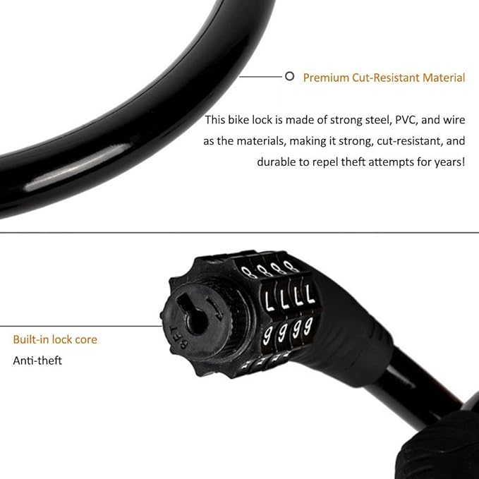 Sanwo Security Bike Lock 4 Digit Resettable Combination Cable Lock for Bicycle, 2 Feet x 1/2 Inch