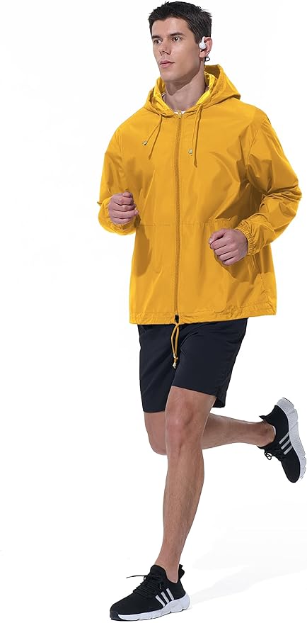 Mens Rain Jacket Raincoat Windbreaker Running Waterproof Lightweight Packable with Hood Travel Hiking Cycling