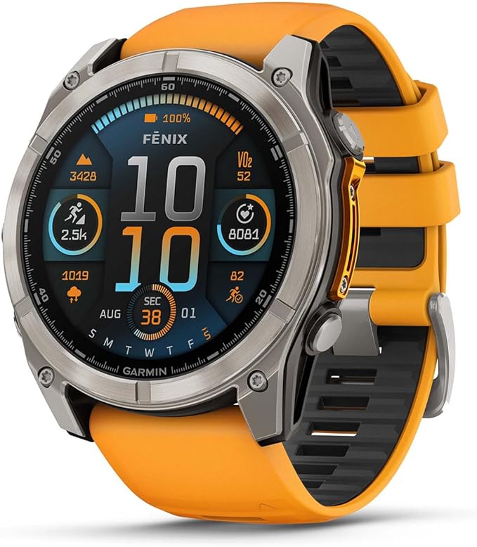 PlayBetter Garmin Fenix 8 AMOLED Sapphire (51mm, Titanium/Spark Orange) Multisport GPS Smartwatch Bundle - 1.4” Touchscreen, Built-in LED Flashlight Wireless Running Earbuds
