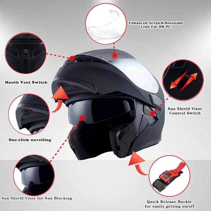 1Storm Motorcycle Modular Full Face Helmet Flip up Dual Visor Sun Shield: HB89