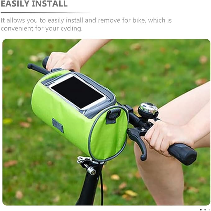 Bike Handlebar Cylinder Pouch Waterproof Front Frame Cellphone Bag with Touchscreen for Mountain Bikes, Portable Cycling Storage in Green