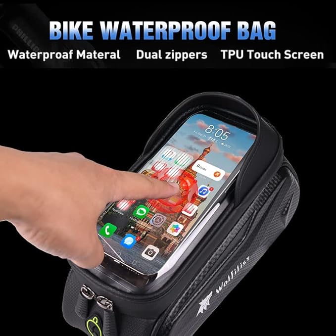 Bike Bag - Waterproof Bike Frame Bag with Sun-Visor Rain Cover, Bike Phone Holder with TPU Sensitive Touch Screen, Handlebar Bag Bicycle Accessories, Large Capacity Suitable Phone Under 7"