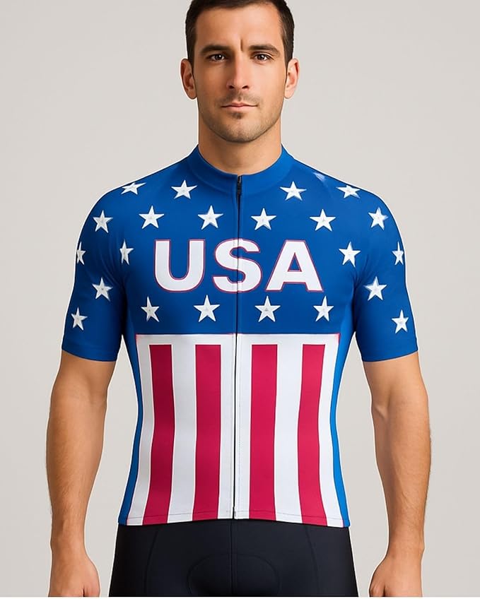 Lo.gas USA Cycling Jersey Men Short Sleeve Bike Biking Shirts American Flag Road Bicycle Clothing Full Zip with Pockets