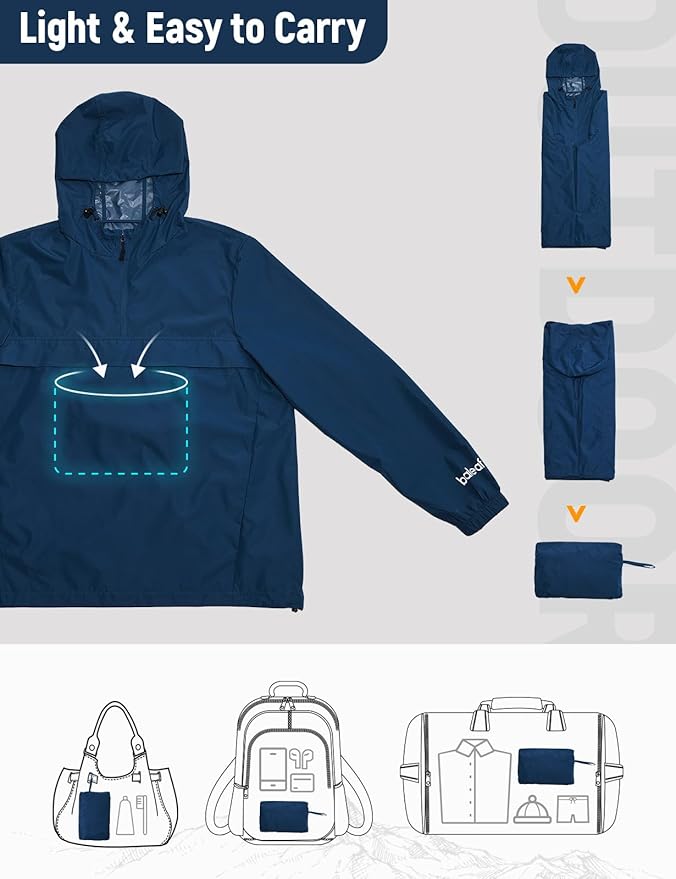 baleaf Men's Rain Jacket Water Resistant Hiking Windbreaker Packable Running Golf Gear Hood Raincoat Reflective