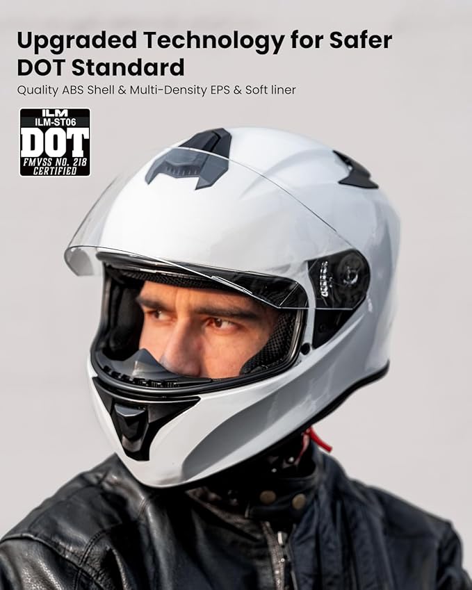 ILM Full Face Motorcycle Street Bike Helmet with Enlarged Air Vents, Free Replacement Visor for Men Women DOT Approved Model ST-06 (White, Medium)