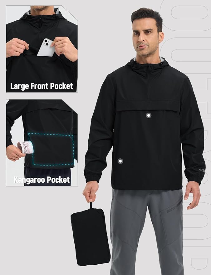 baleaf Men's Rain Jacket Water Resistant Hiking Windbreaker Packable Running Golf Gear Hood Raincoat Reflective