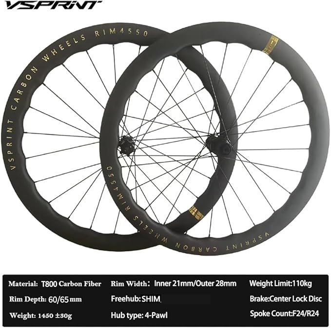 Carbon Fiber Road Bike Wheelset VSPRINT 45/50mm 60/65mm Aero Wave Carbon Wheels 700c Center Lock Disc Brake 21/28mm Width 24H Spokes