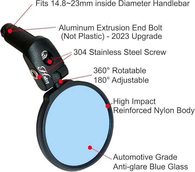 Hafny Bar End Bike Mirror, HD, Blast-Resistant, Glass Mirror, HF-MR090, HF-M951-FR03, HF-M952-FR03 (Anti-glare Blue Glass, 68mm)