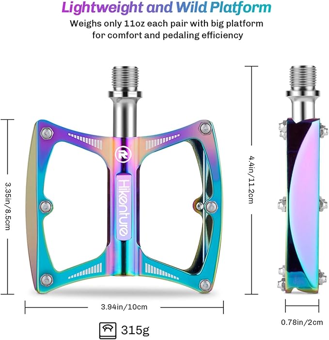 Hikenture Road Bike Pedals Mountain Bicycle Flat Pedals 9/16" Sealed Bearing Lightweight Aluminum Alloy Colorful Wide Platform Cycling Pedal for BMX/MTB(A)