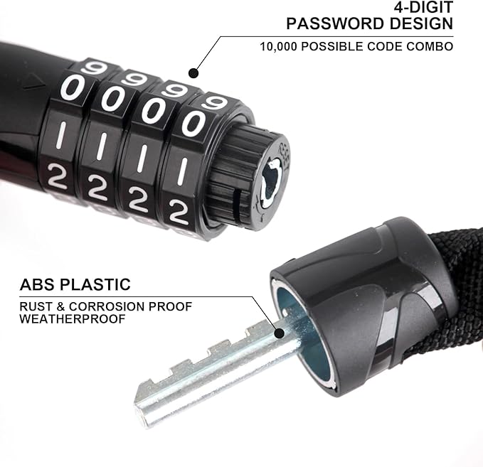 Venzio 4-Digit Combination Bike Chain Lock, Keyless 4mm x 900mm (3FT) Anti-Theft Security Lock for Bicycle, E-Bike, Scooter, Fence, Gate, Door, with Zinc Alloy Core & Fabric Sleeve