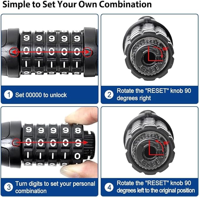 NDakter Bike Lock, 5 Digit Combination Heavy Duty Anti Theft Bicycle Chain Lock, 2.62/3.2/4.27/5/6Ft Long, High Security Resettable, Suitable for Bike, Scooter, Door, Gate, Fence-4/6mm Thick
