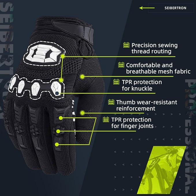 Seibertron Unisex BMX MX ATV MTB Racing Mountain Bike Bicycle Cycling Off-Road/Dirt Bike Gloves Road Racing Motorcycle Motocross Sports Gloves Touch Recognition Full Finger Glove