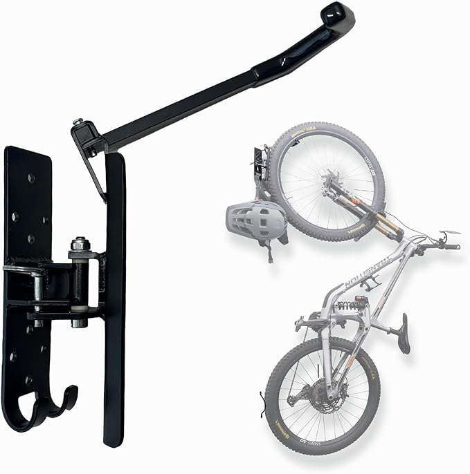 Swivel Bike wall mount with gear hooks, One Pack, Organize Garage with Bike Storage, Vertical or Ceiling Mount, heavy duty construction for bikes up to 60lbs, bike rack garage organizer