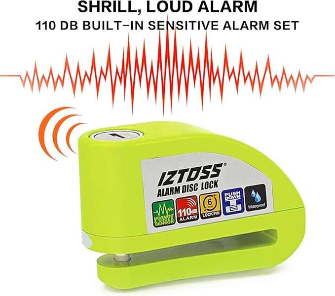 IZTOSS Motorcycle Alarm disc Lock 110 dB disc Brake Lock Waterproof Anti-Theft Anti-Shock Sensor with 4 ft Warning Cable and Carrying Bag for Motorcycles, Bicycles and Scooters. (Fluorescent Green)