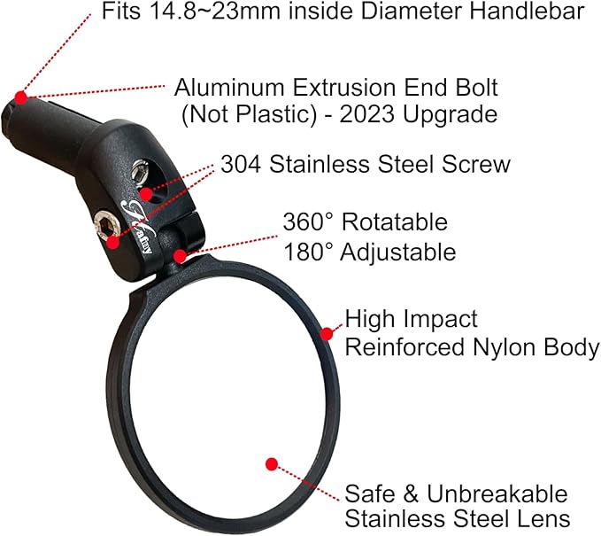 Hafny Bar End Bike Mirror - Stainless Steel Lens, Safe Adjustable Rearview, Cycle, E-bike - HF-MR087 (Black 68 Diameter)