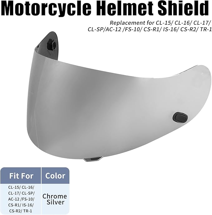 HJ-09 Helmet Visor Face Shield Compatible with CL-15/ CL-16/ CL-17/ CL-SP/AC-12 /FS-10/ CS-R1/ IS-16/ CS-R2/ TR-1 (Chrome Silver)