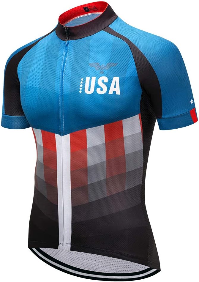 Cycling Jersey Short Sleeve USA Style Bike Tops with Pocket Reflective Stripe