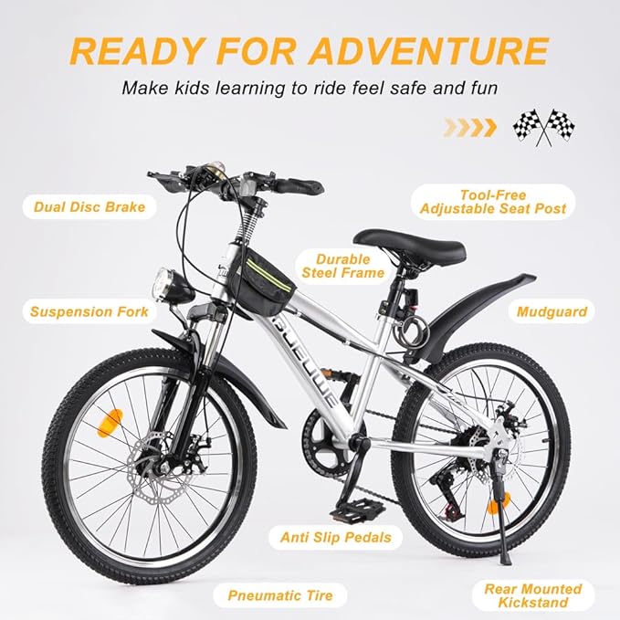 Bueuwe 20 24 Inch Kids Mountain Bike, Children Bicycles for Boys and Girls Ages 6-12, 7 Speed Teenager Bikes with Disc Brakes, Adjustable Handlebars and Seat, Kickstand (Silver, 24 Inch)
