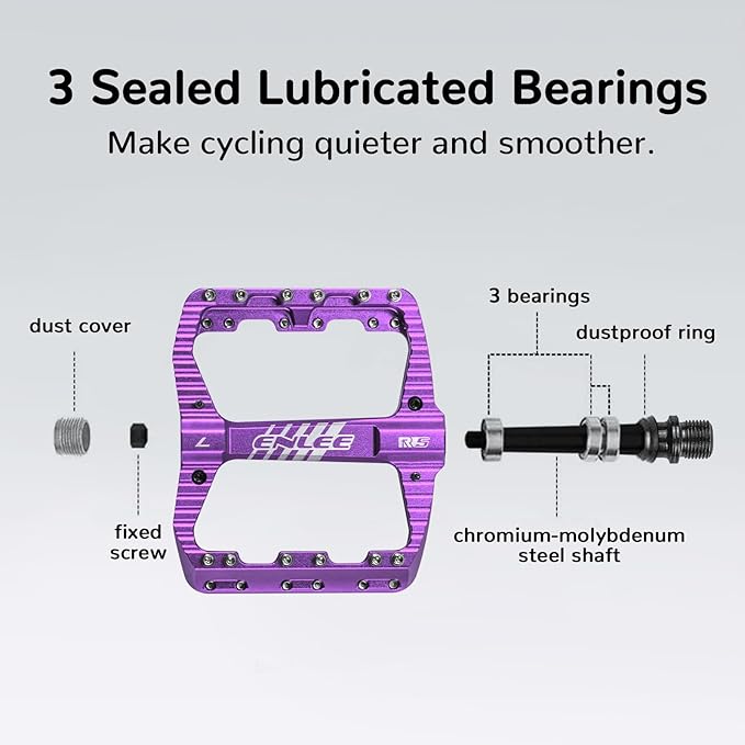 ENLEE Mountain Bike Pedals Flat, 3 Sealed Bearing Lightweight Aluminum Metal Bike Pedals 9/16", Waterproof MTB Pedals Flat with Removable Anti-Skid Nails for Adult Mountain Road BMX Bike