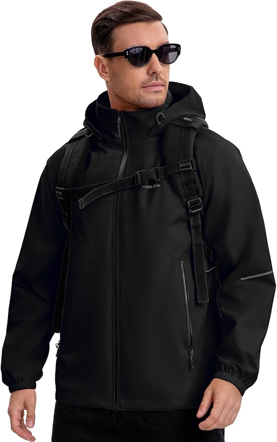 Men's Rain Jacket Waterproof Windproof Breathable for Hiking Cycling Commuting with Hood & Pockets