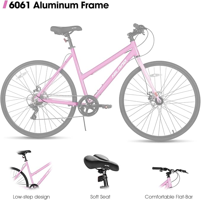 HILAND 700C Road Hybrid Bike, 7 speeds Bikes Urban City Commuter Bicycle with Disc Brake for Men Women Adult Comfortable Bicycle