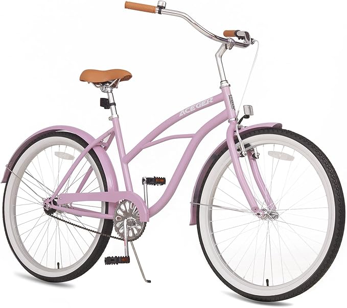 ACEGER 24 26 Inch Women Beach Cruiser Bike, Single Speed and 7 Speed, Adult Hybrid Bike Commuter Bicycle, Hi-Ten Steel Frame with Adjustable Handlebar and Saddle, Multiple Colors