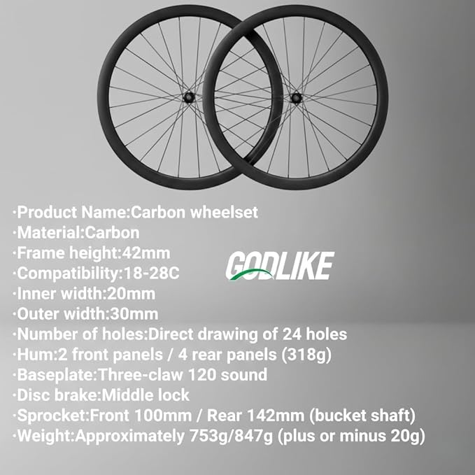 GODLIKE Ultralight Carbon Fiber Road Bike Wheelset 700C 42mm Deep Section Thru Axle Disc Brake Center Lock 120 Points Hub Carbon Clincher Rims