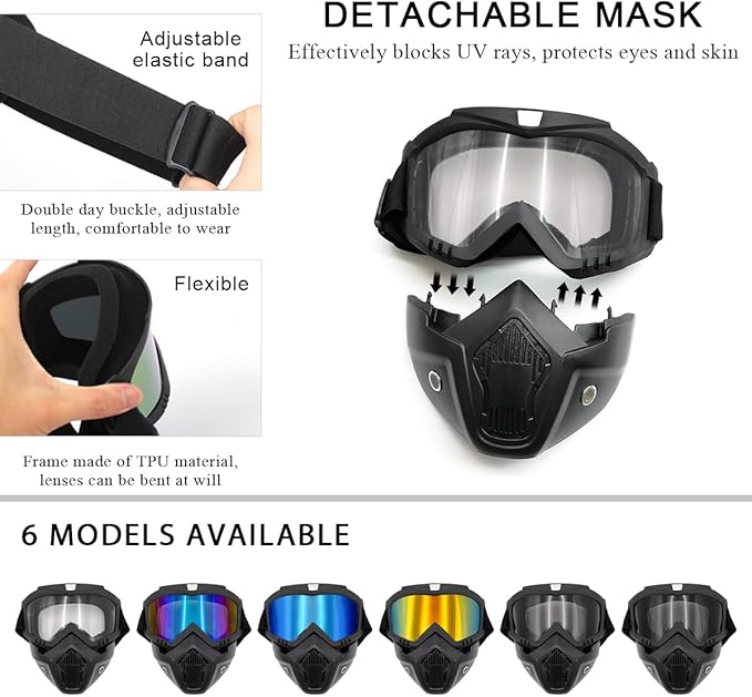 Motorcycle Helmet Goggles, Fog-Proof Goggle Face Protection Mask, Riding Racing Goggles for Men Women (Transparent)