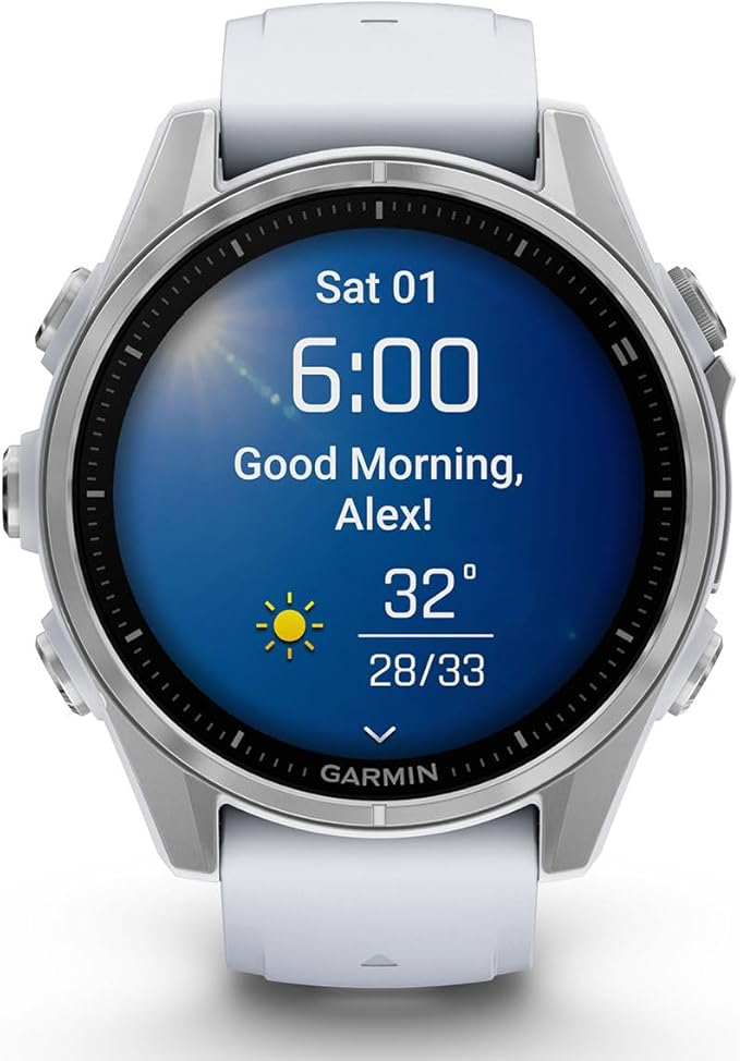 PlayBetter Garmin Fenix 8 AMOLED (43mm, Silver/Whitestone) Multisport GPS Smartwatch Bundle - 1.3” Touchscreen, Built-in LED Flashlight Wireless Running Earbuds
