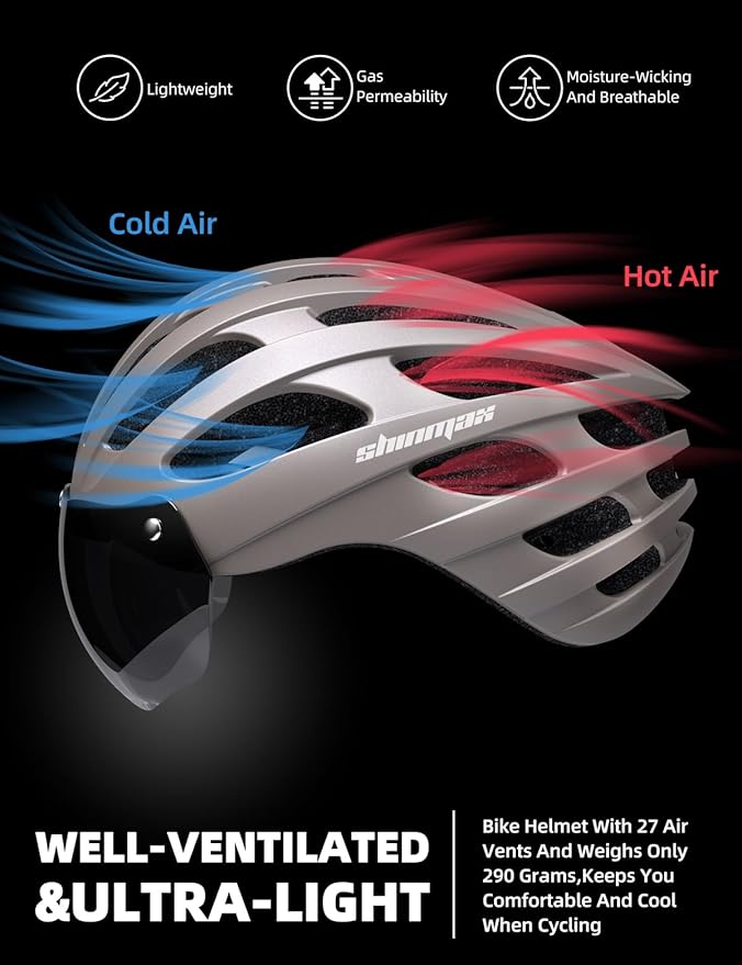 Shinmax Bike Helmet with USB Rechargeable Light & Detachable Magnetic Goggles UV Protective, Bicycle Helmet Men Women Mountain Road Adjustable Adult Cycling Helmet (WT-049)