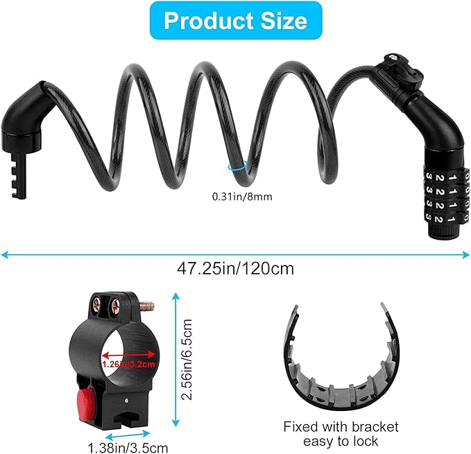 Ainiv 4FT Scooter Lock Anti-Theft, Bike Locks Cable Combination 4 Digit/12 Steel Cables Resettable Compatible for Xiaomi M365/Max/GXL/Ninebot/Segway Scooter/Moto/Bicycle Lock with Lock Holders