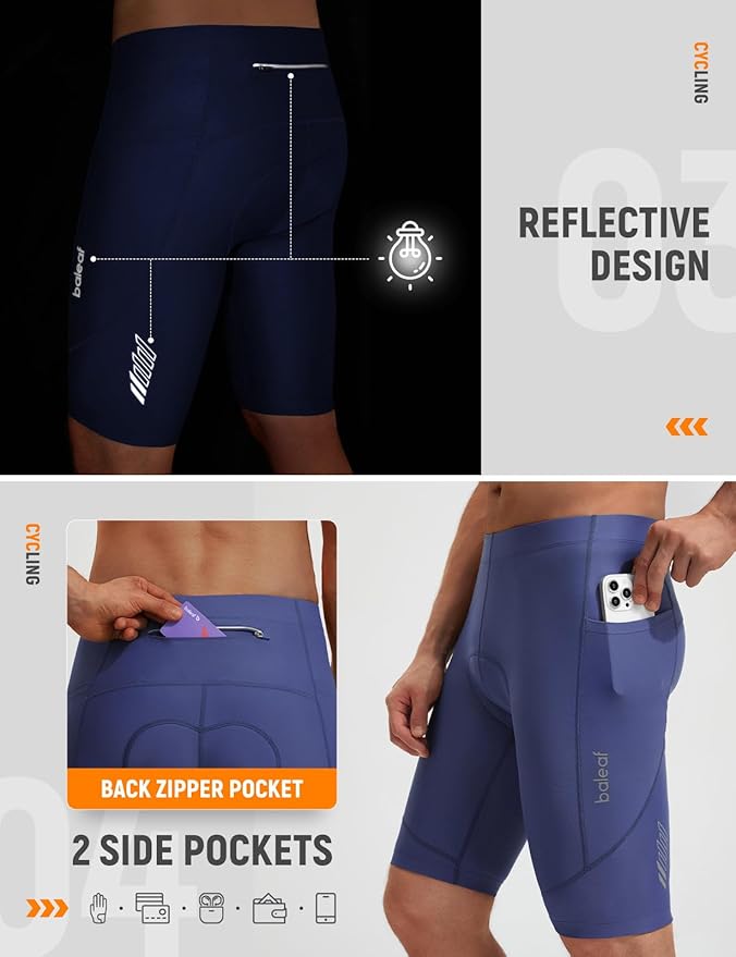 baleaf Men's 4D Padded Bike Shorts Cycling Zipper Pockets Biking Bicycle Mountain Riding Biker Cycle UPF 50+
