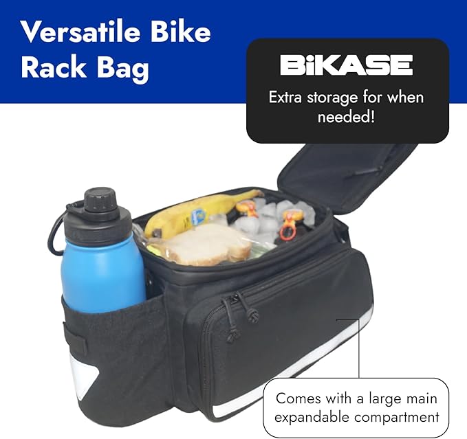 BiKase Big Daddy Expandable Rack Bag with Panniers, Ideal for E-bikes & Bicycles - Waterproof Rear Bike Trunk with Ice Compartment, Phone & Bottle Pockets, Reflective for Safety