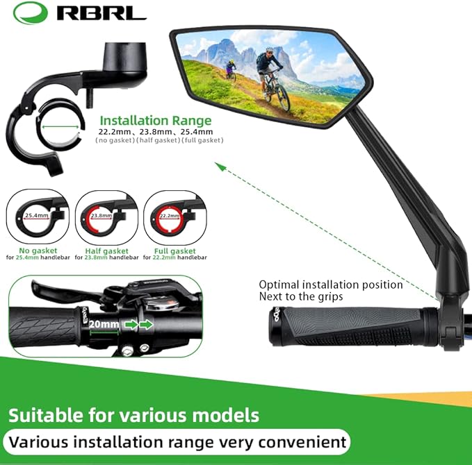 RBRL Bike Mirror Rotatable HD Crystal Clear Glass Bike Mirrors Handlebar Rearview Mirror, Wider View Bicycle Mirrors for electric bike, Scratch Resistant Bike Rear View Mirror(Handlebar-Pair)