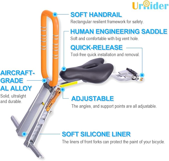 Child Bike Seat, Front Mount Kids Bike Seat,Fit Mountain Bikes, Cruiser Bikes, Folding Bikes, Ultra Light,Portable, Tool-Free, Quick-Release,Toddler Bike Seat for 2-6 Years(up to 60lbs)