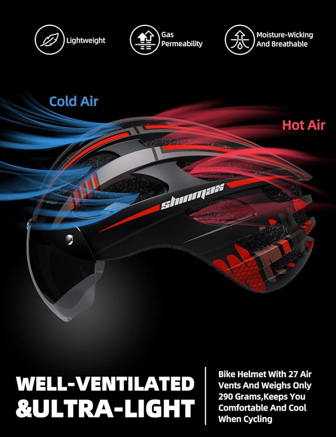 Shinmax Bike Helmet with USB Rechargeable Light & Detachable Magnetic Goggles UV Protective, Bicycle Helmet Men Women Mountain Road Adjustable Adult Cycling Helmet (WT-049)
