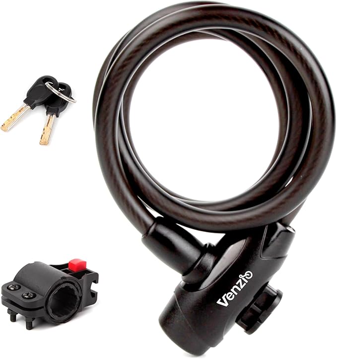Venzio 4FT Heavy Duty Anti-Theft Bicycle Cable Lock, Bike Lock Cable with 2 Keys and Mounting Bracket, 1/2 inch(12mm) Coiled Steel Cable with Dustproof Insert for Bikes, Scooters, Gates, Fences