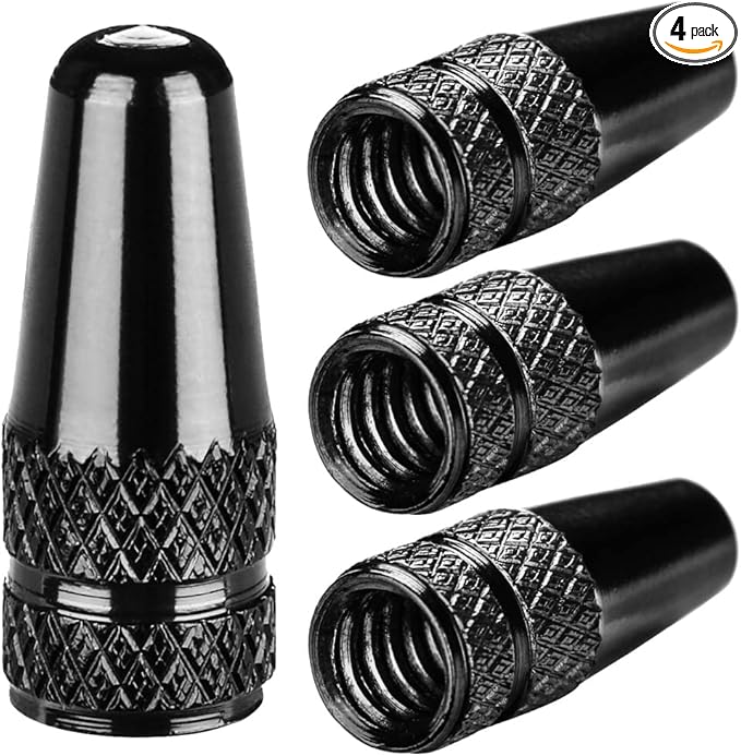 Aluminum Presta Valve Stem Caps – Black Tire Air Dust Covers for Bike (4 Pack) – Fit French Valves on Road, MTB, Hybrid, Racing, Fitness, Folding & Fat Bikes