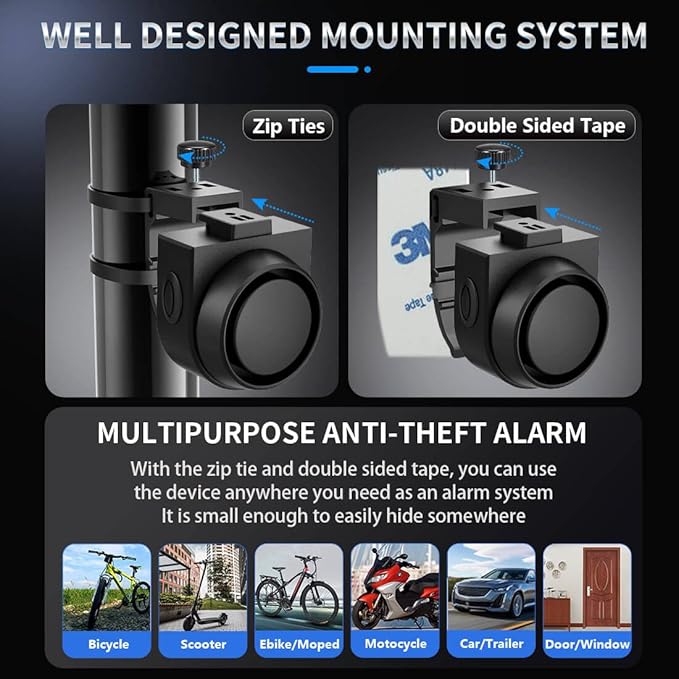 Wireless Remote Bike Alarm: 115dB Super Loud Bicycle Vibration Motion Sensor Siren Anti Theft Security System Motorcycle Alarm Waterproof USB-C Rechargeable Multipurpose Vehicle Alert Device