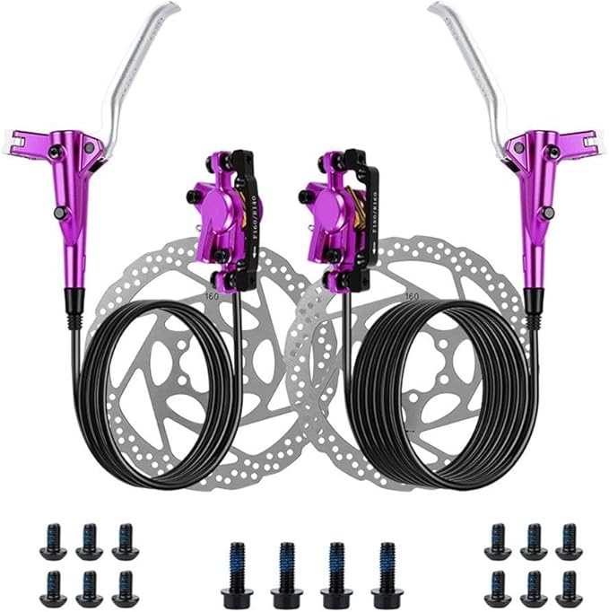 Bicycle Hydraulic Disc Brake Set, Front 800Mm Rear 1400Mm Hose 2-Piston MTB Brake System With 160Mm Rotors For Mountain Bike, 370N Stopping Power(Purple)
